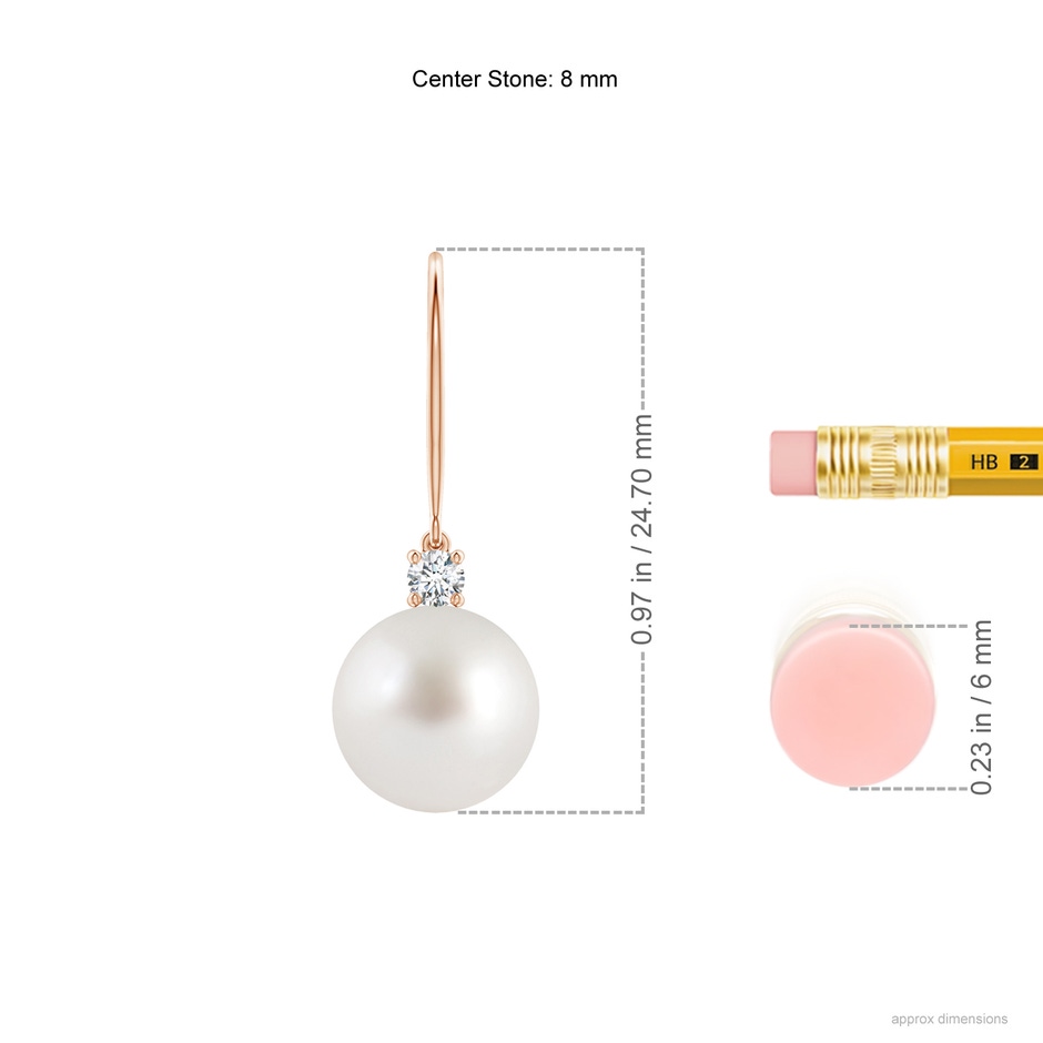 8mm AAA South Sea Pearl & Diamond Fish Hook Earrings in Rose Gold ruler