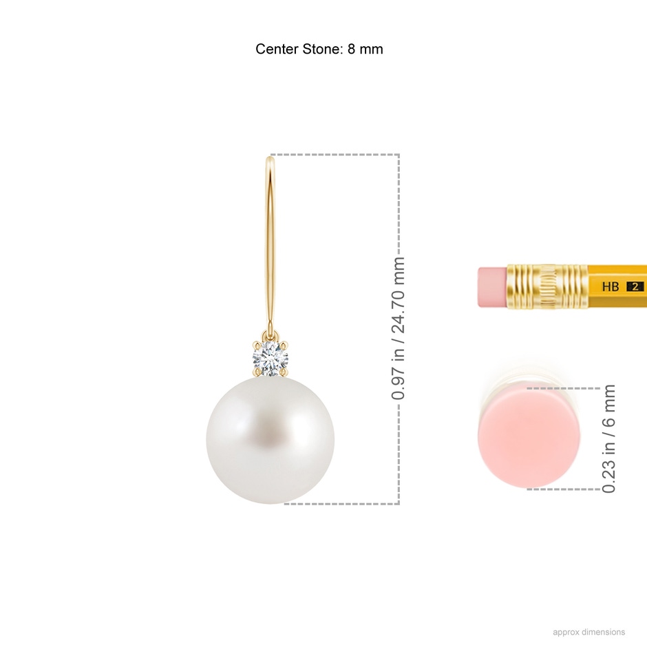 8mm AAA South Sea Pearl & Diamond Fish Hook Earrings in Yellow Gold ruler