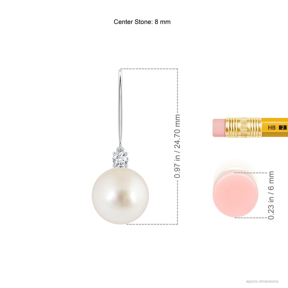 8mm AAAA South Sea Pearl & Diamond Fish Hook Earrings in P950 Platinum ruler