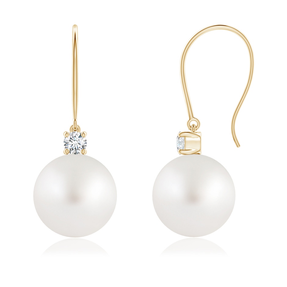 9mm AA South Sea Pearl & Diamond Fish Hook Earrings in Yellow Gold 