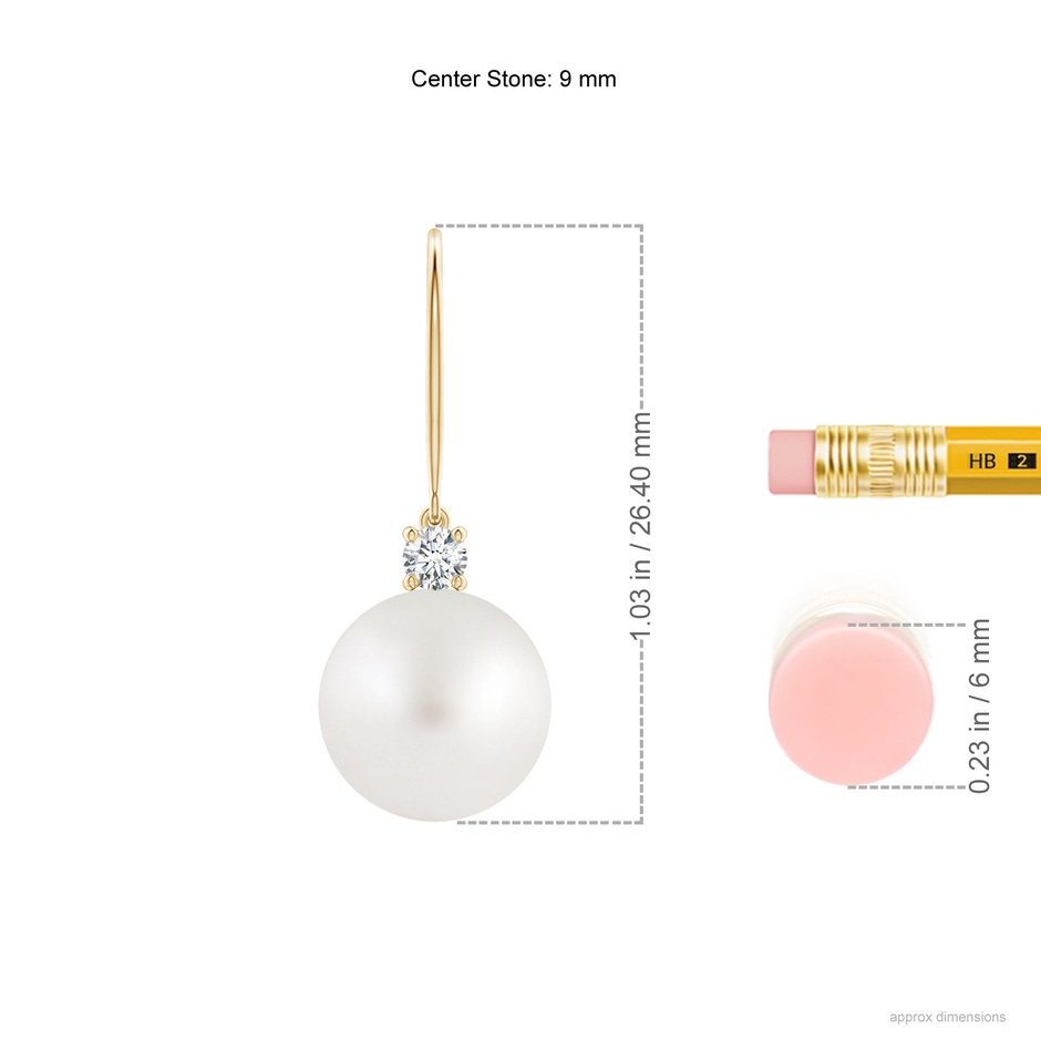 9mm AA South Sea Pearl & Diamond Fish Hook Earrings in Yellow Gold ruler