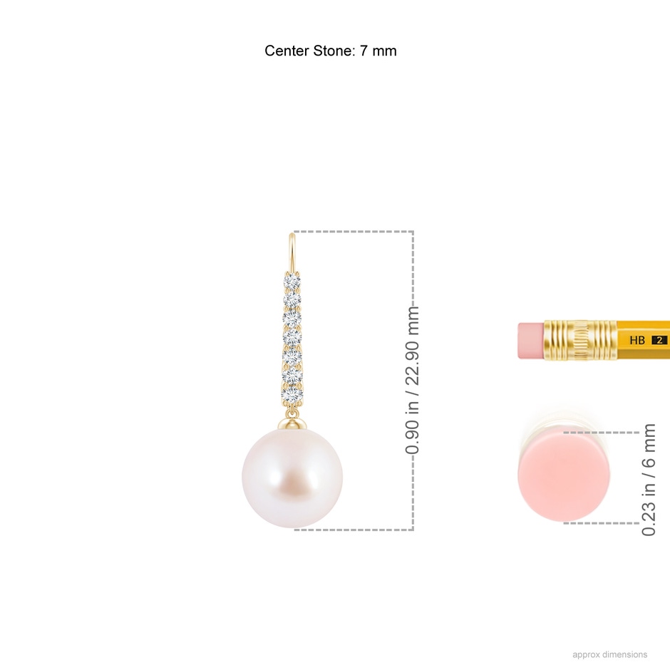 7mm AAA Japanese Akoya Pearl Tapered Leverback Earrings in Yellow Gold ruler