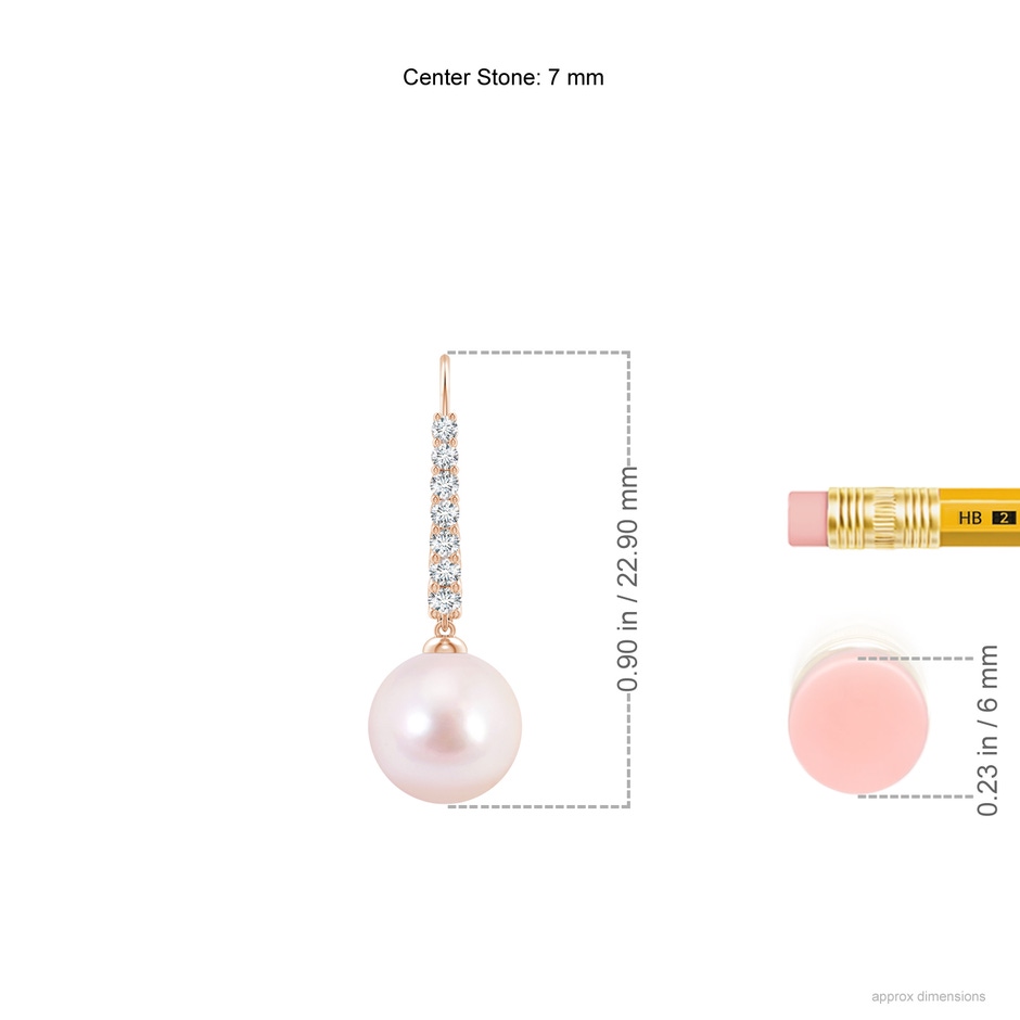 7mm AAAA Japanese Akoya Pearl Tapered Leverback Earrings in Rose Gold ruler