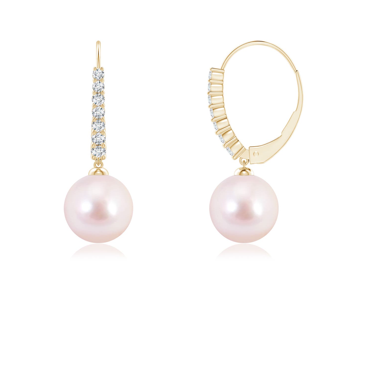7mm AAAA Japanese Akoya Pearl Tapered Leverback Earrings in Yellow Gold