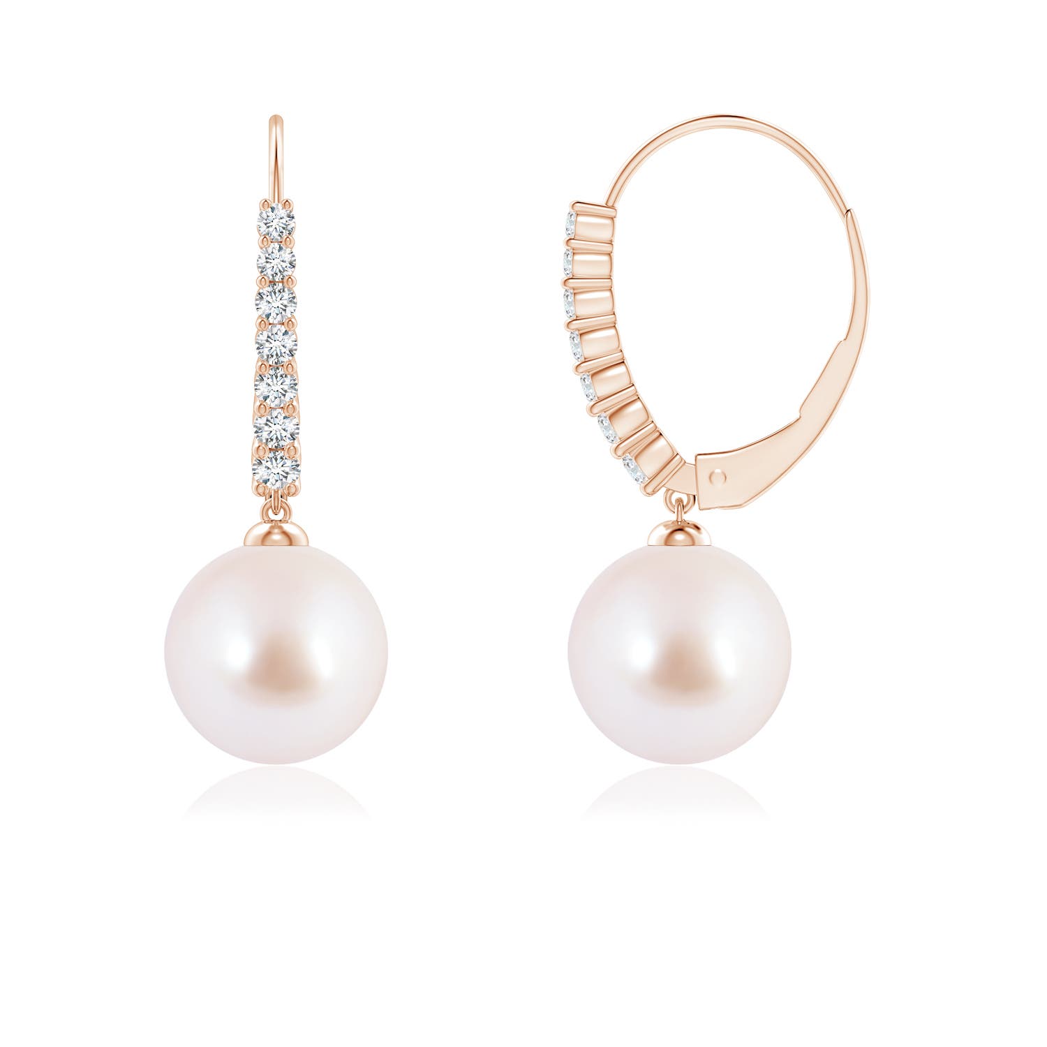 8mm AAA Japanese Akoya Pearl Tapered Leverback Earrings in Rose Gold