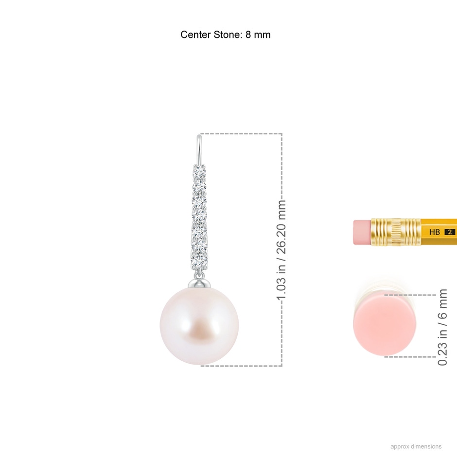 8mm AAA Japanese Akoya Pearl Tapered Leverback Earrings in White Gold ruler
