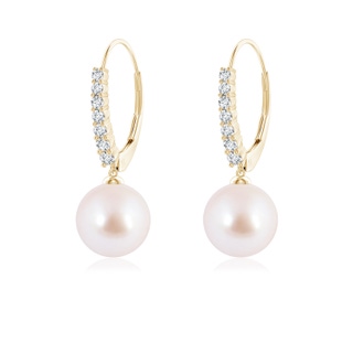 8mm AAA Japanese Akoya Pearl Tapered Leverback Earrings in Yellow Gold