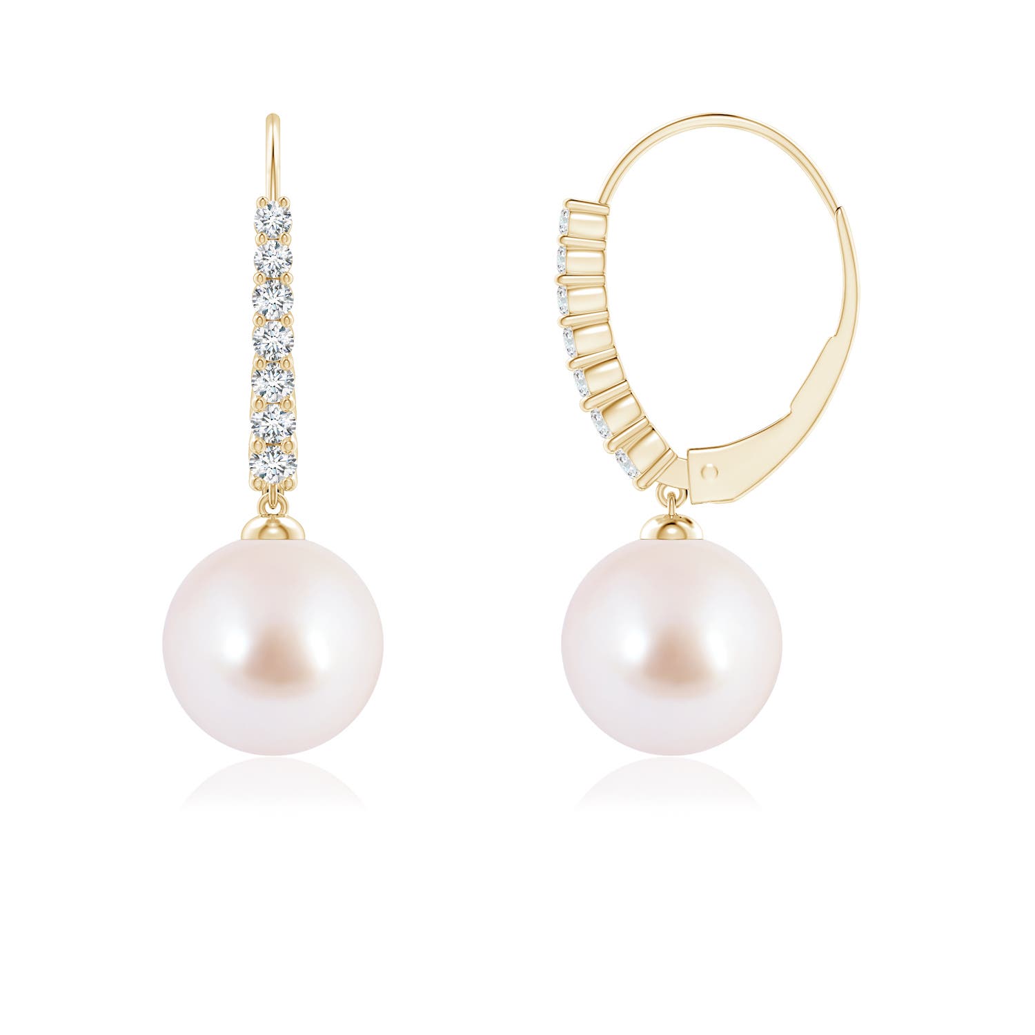 8mm AAA Japanese Akoya Pearl Tapered Leverback Earrings in Yellow Gold