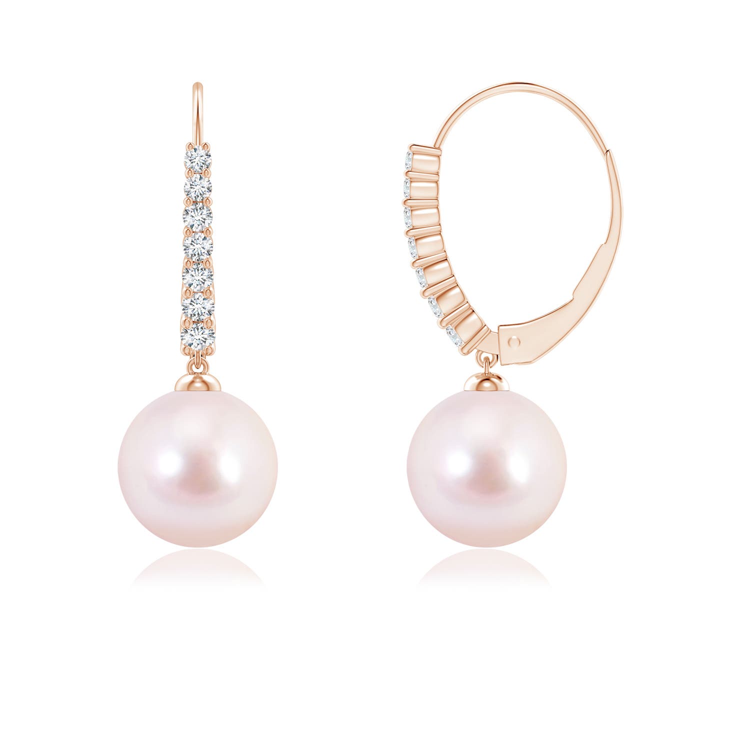 8mm AAAA Japanese Akoya Pearl Tapered Leverback Earrings in Rose Gold