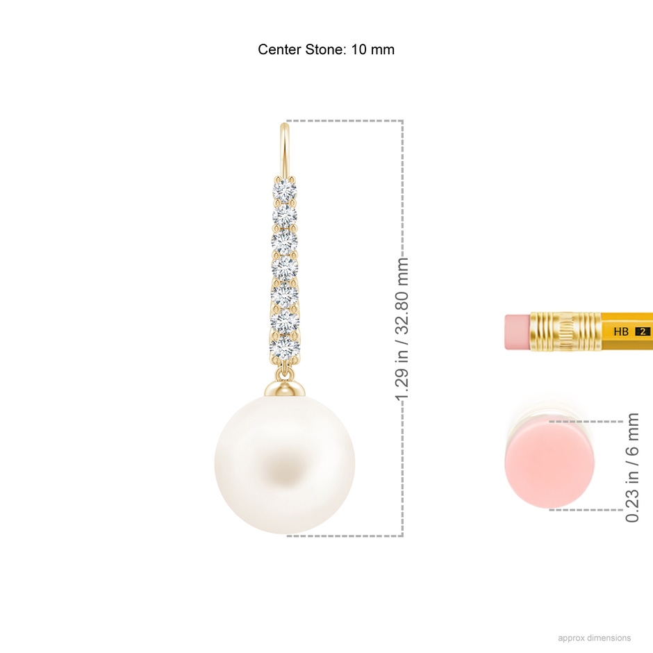 10mm AA Freshwater Pearl Tapered Leverback Earrings in Yellow Gold ruler