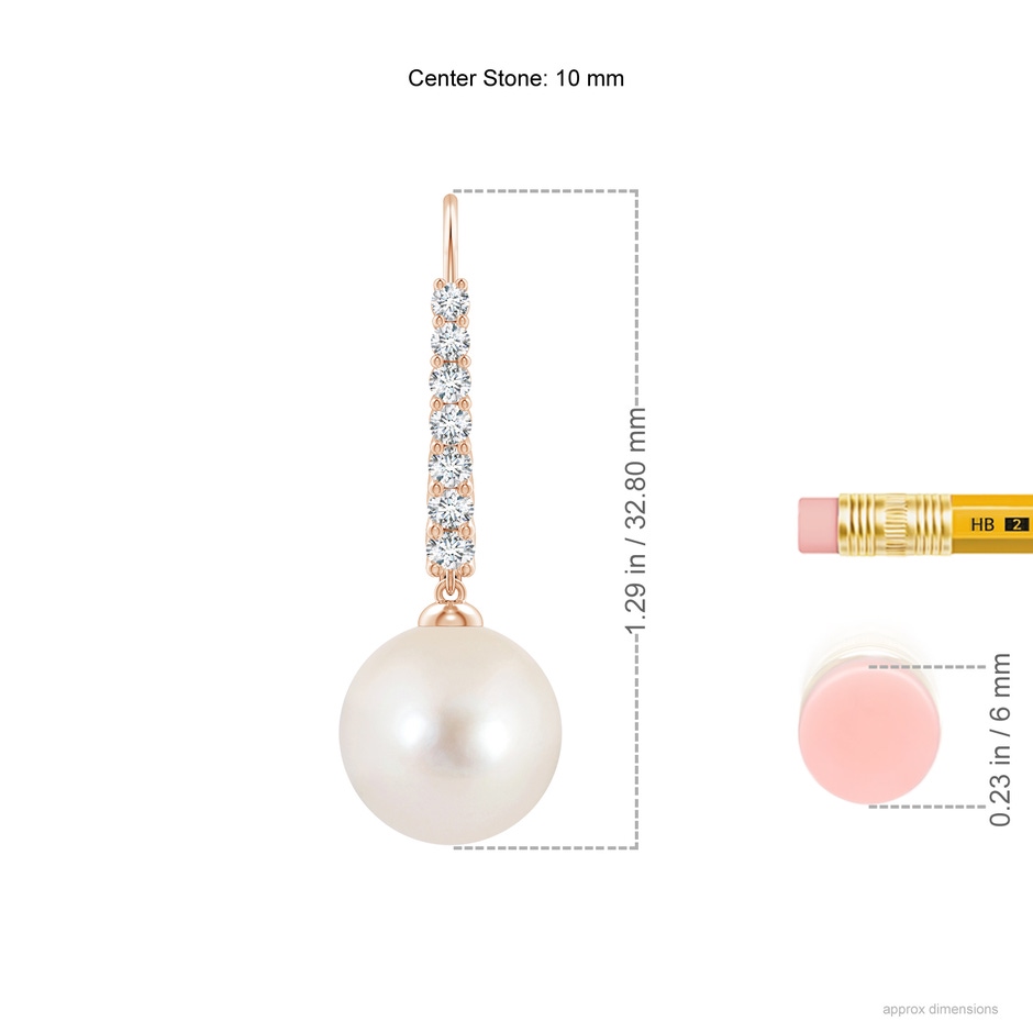 10mm AAAA Freshwater Pearl Tapered Leverback Earrings in Rose Gold ruler