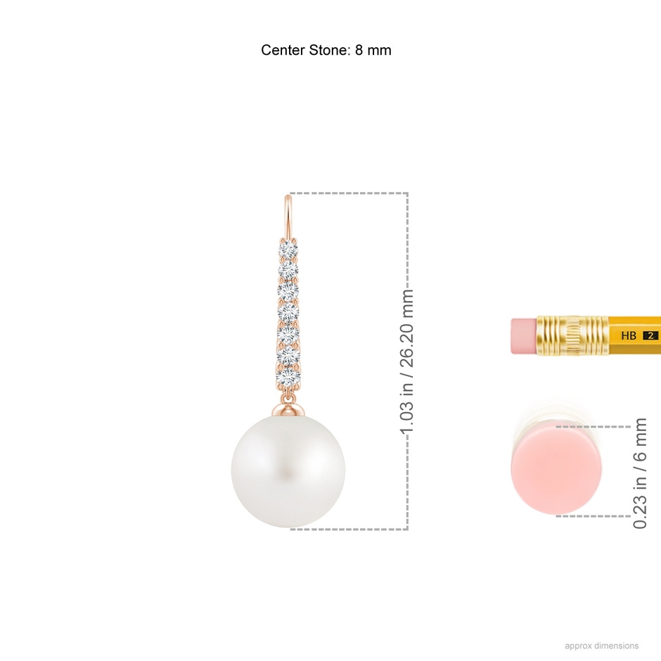 8mm AA Freshwater Pearl Tapered Leverback Earrings in Rose Gold ruler