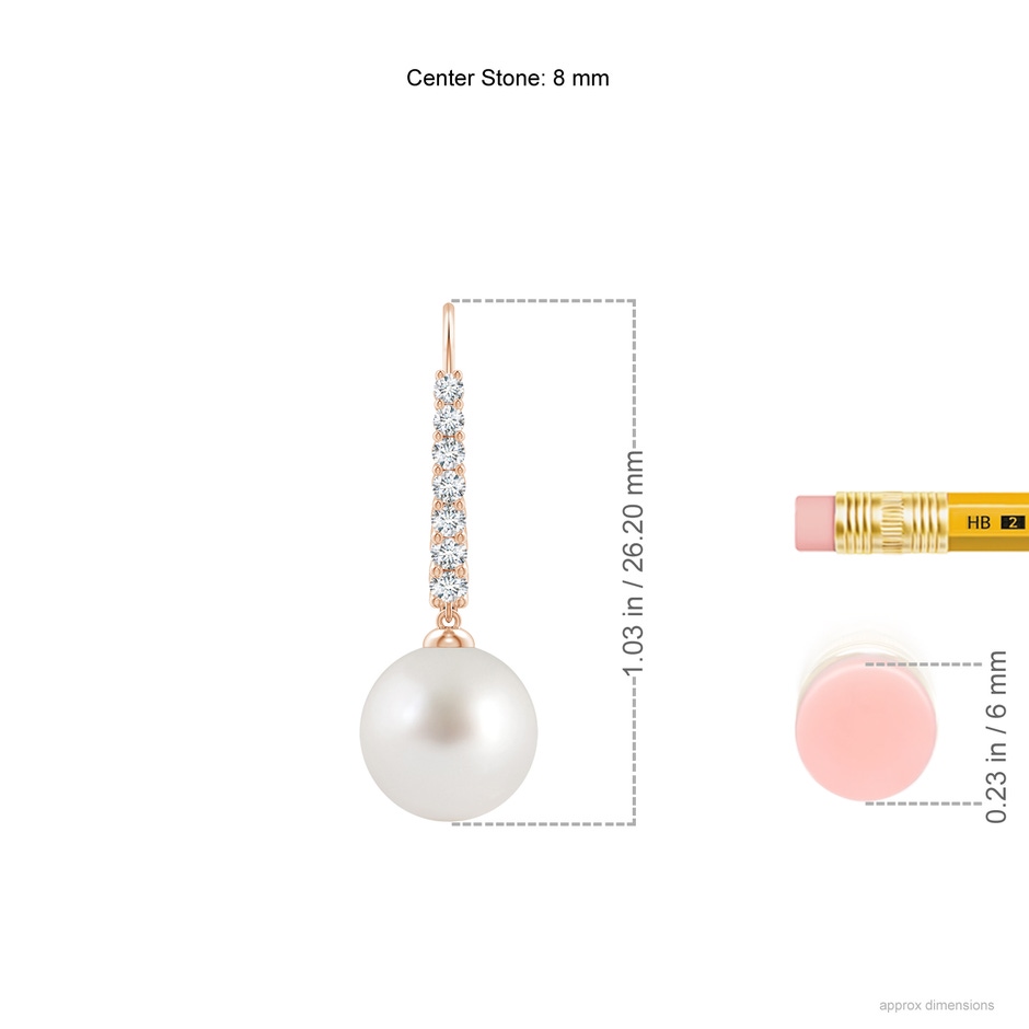 8mm AAA Freshwater Pearl Tapered Leverback Earrings in Rose Gold ruler