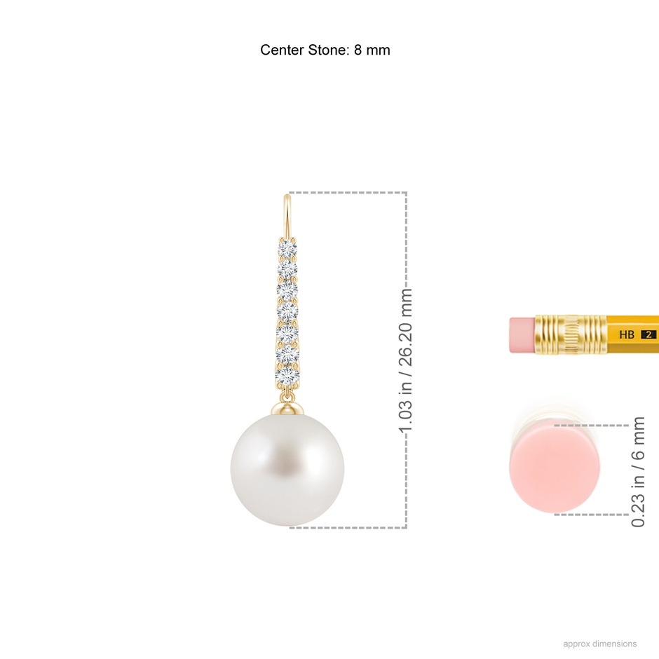 8mm AAA Freshwater Pearl Tapered Leverback Earrings in Yellow Gold ruler