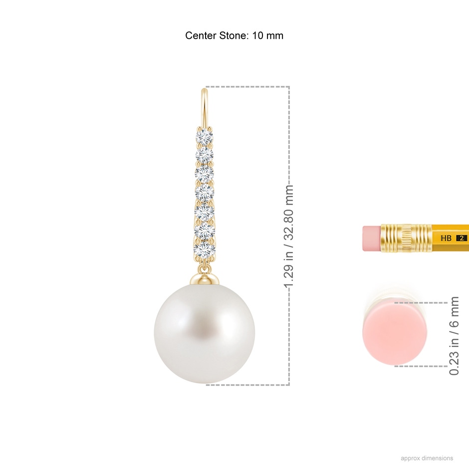 10mm AAA South Sea Pearl Tapered Leverback Earrings in Yellow Gold ruler