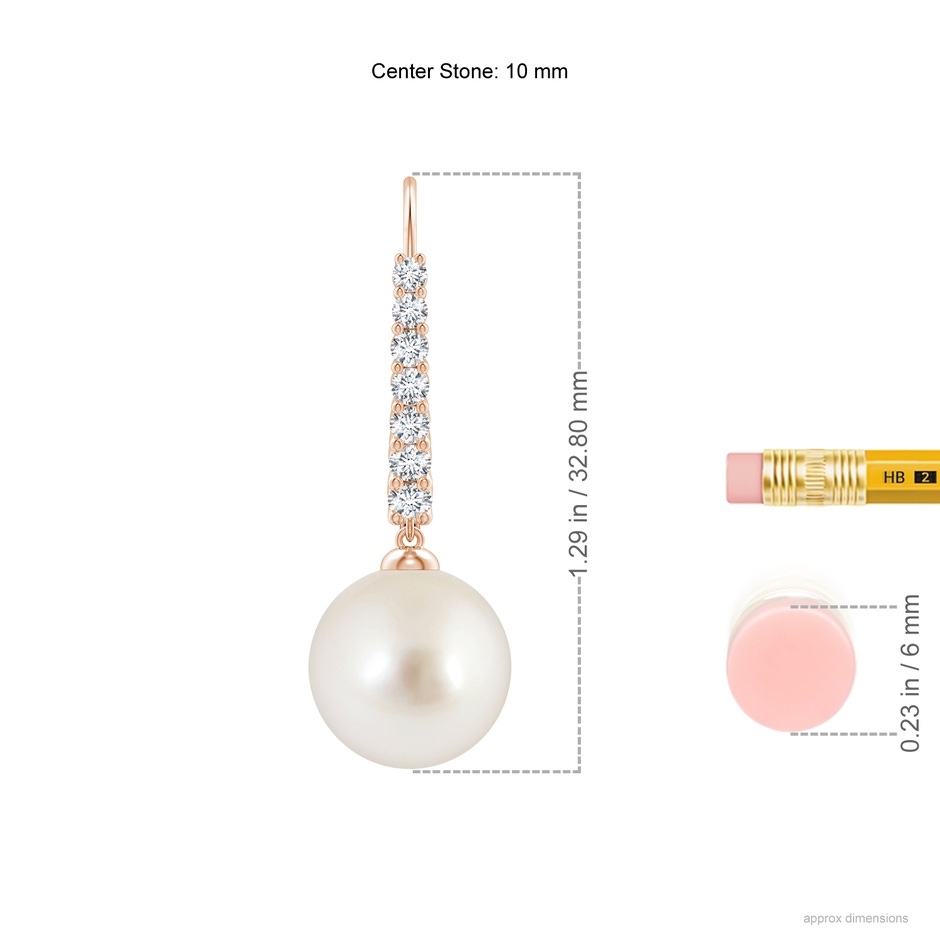 10mm AAAA South Sea Pearl Tapered Leverback Earrings in Rose Gold ruler