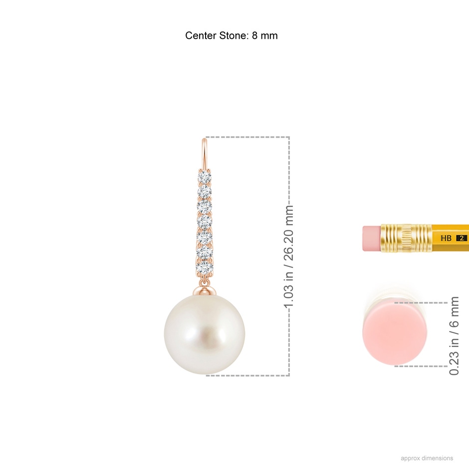 8mm AAAA South Sea Pearl Tapered Leverback Earrings in Rose Gold ruler