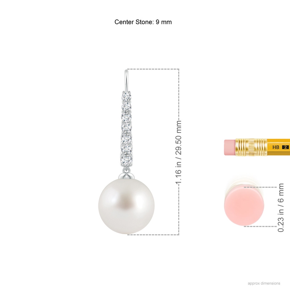 9mm AAA South Sea Pearl Tapered Leverback Earrings in White Gold ruler