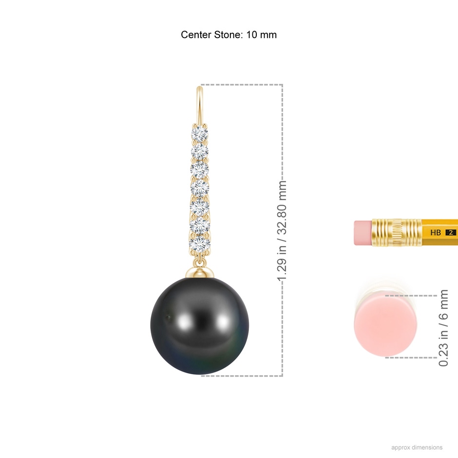 10mm AA Tahitian Pearl Tapered Leverback Earrings in Yellow Gold ruler