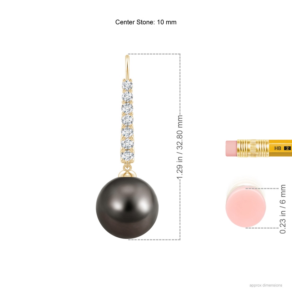 10mm AAA Tahitian Pearl Tapered Leverback Earrings in Yellow Gold ruler