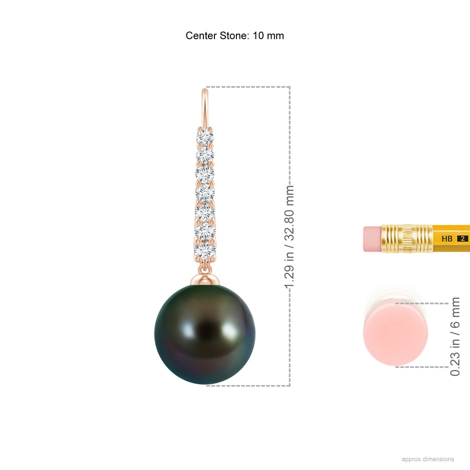 10mm AAAA Tahitian Pearl Tapered Leverback Earrings in 18K Rose Gold ruler