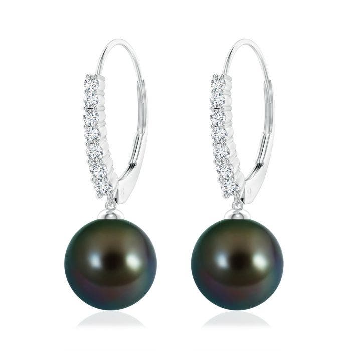 10mm AAAA Tahitian Pearl Tapered Leverback Earrings in 18K White Gold