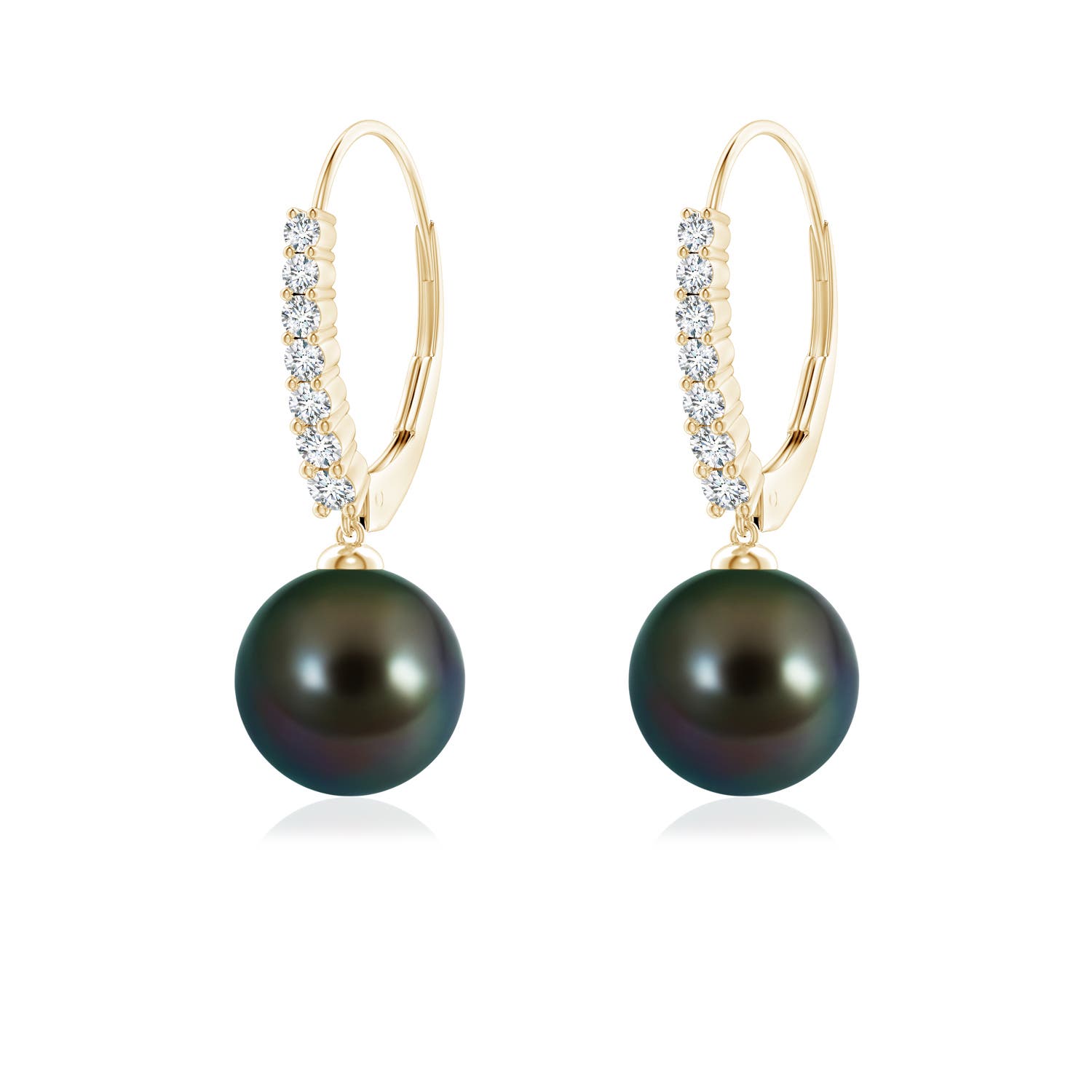 8mm AAAA Tahitian Pearl Tapered Leverback Earrings in Yellow Gold