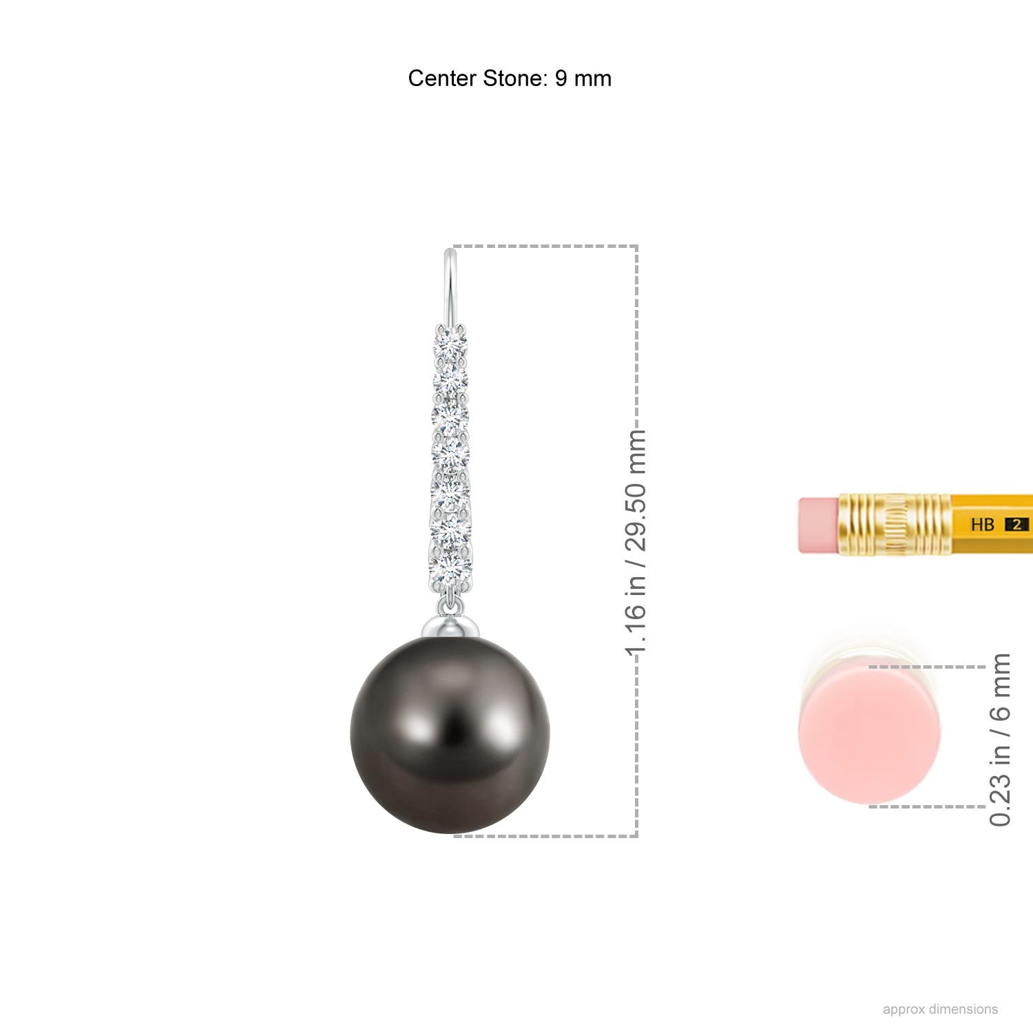 9mm AAA Tahitian Pearl Tapered Leverback Earrings in White Gold - ruler