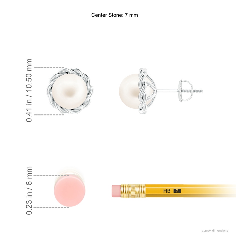 7mm AA Solitaire Freshwater Pearl Twist Rope Studs in White Gold ruler