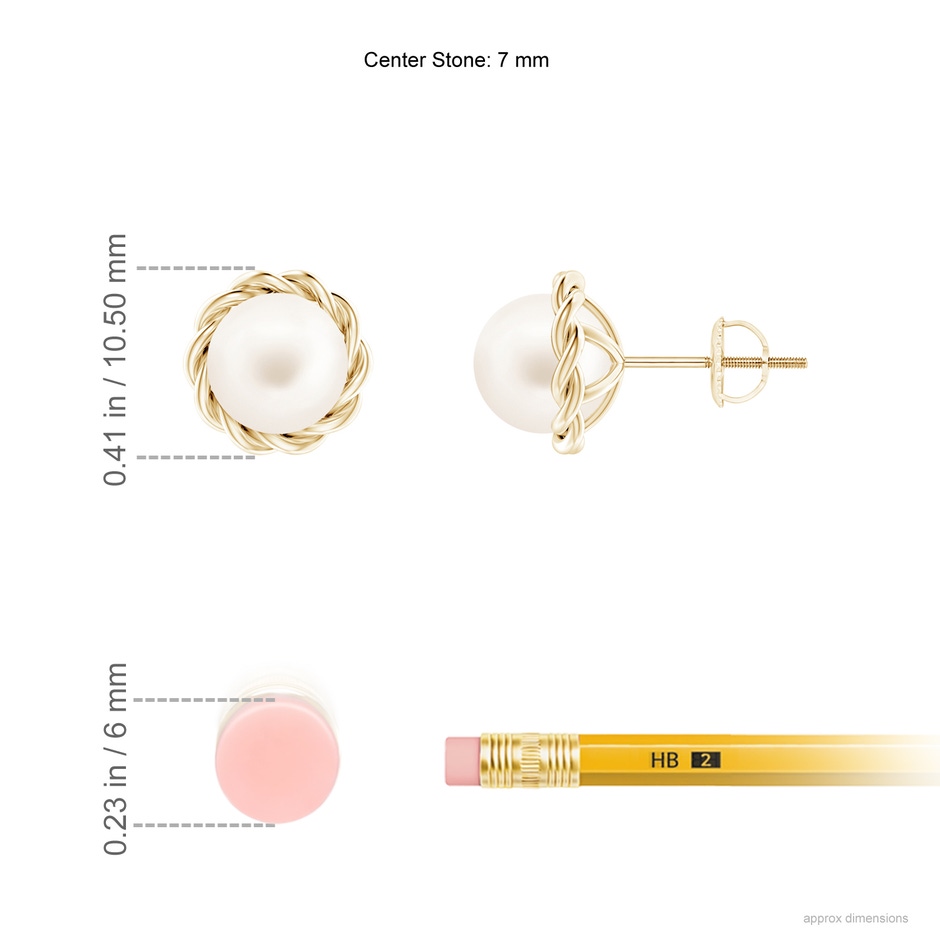 7mm AA Solitaire Freshwater Pearl Twist Rope Studs in Yellow Gold ruler
