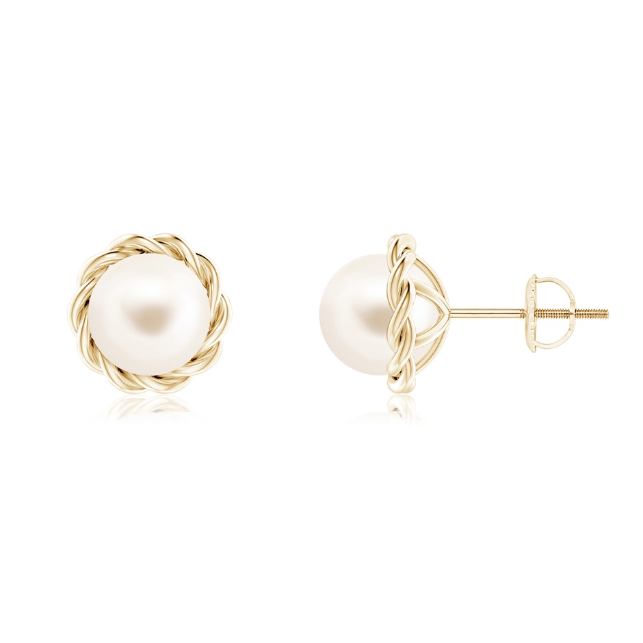7mm AAA Solitaire Freshwater Pearl Twist Rope Studs in Yellow Gold 