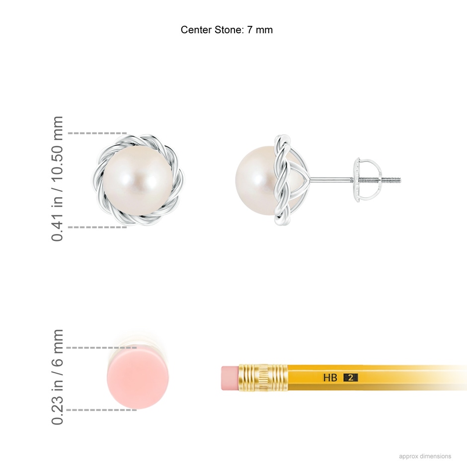 7mm AAAA Solitaire Freshwater Pearl Twist Rope Studs in P950 Platinum ruler
