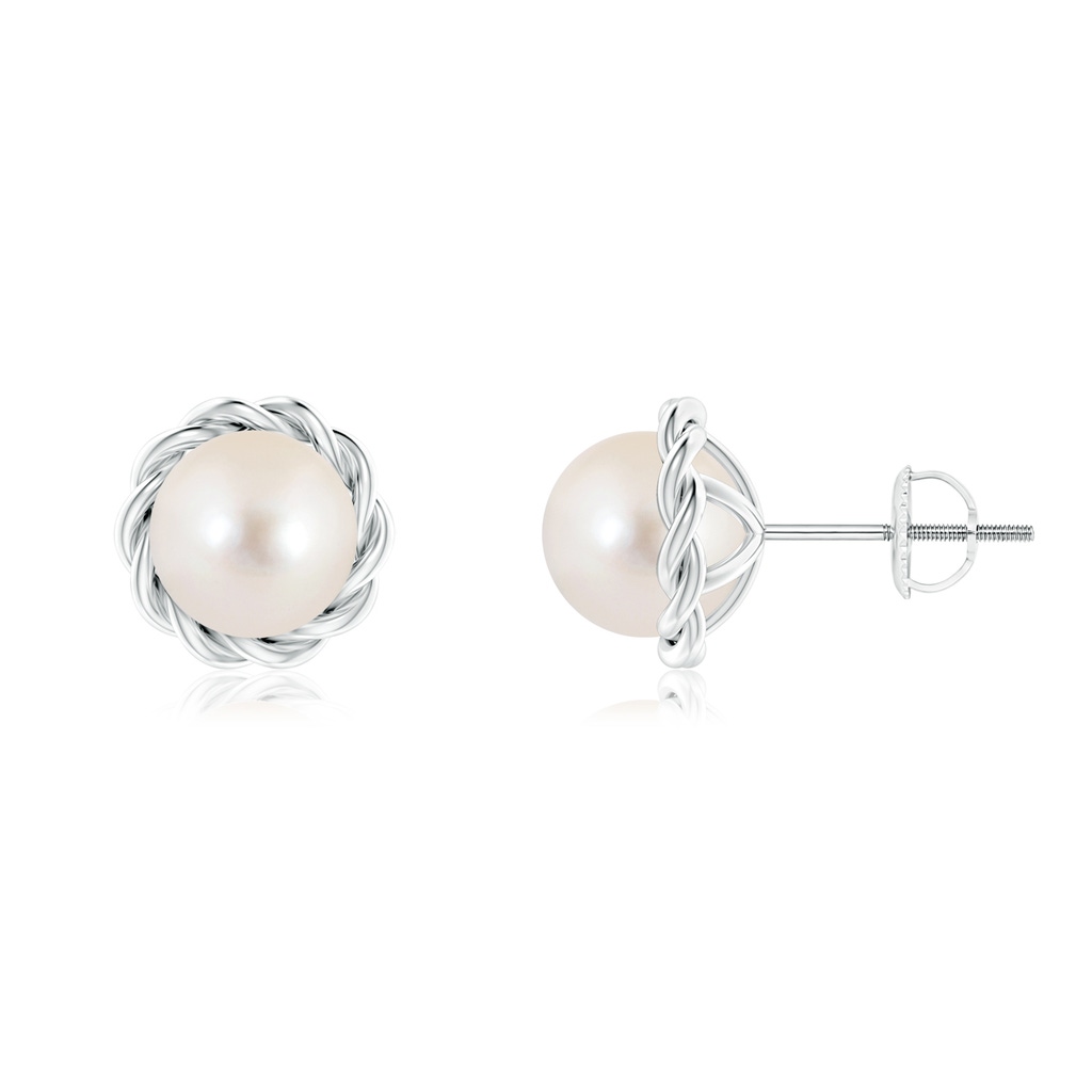 7mm AAAA Solitaire Freshwater Pearl Twist Rope Studs in White Gold