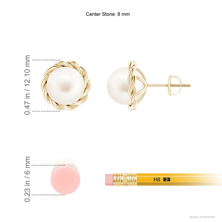 8mm AA Solitaire Freshwater Pearl Twist Rope Studs in Yellow Gold ruler