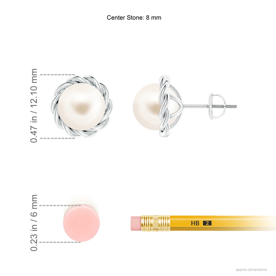 8mm AAA Solitaire Freshwater Pearl Twist Rope Studs in White Gold ruler