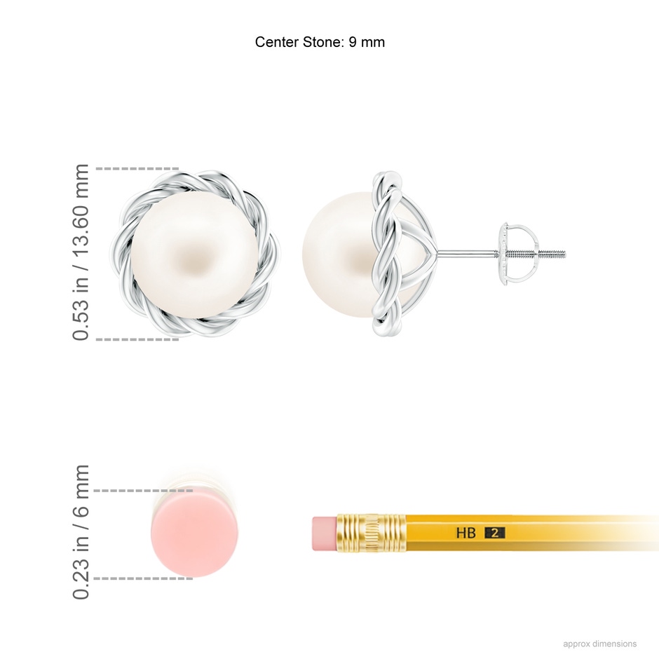 9mm AA Solitaire Freshwater Pearl Twist Rope Studs in White Gold ruler