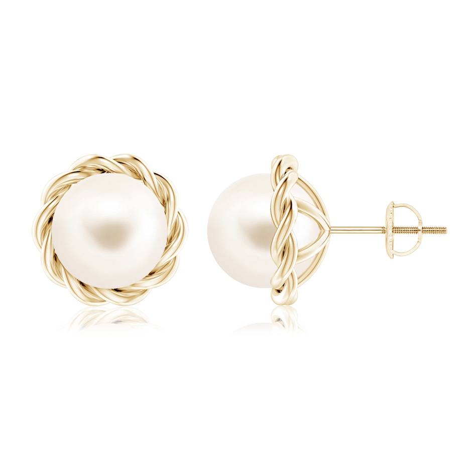 9mm AAA Solitaire Freshwater Pearl Twist Rope Studs in Yellow Gold 