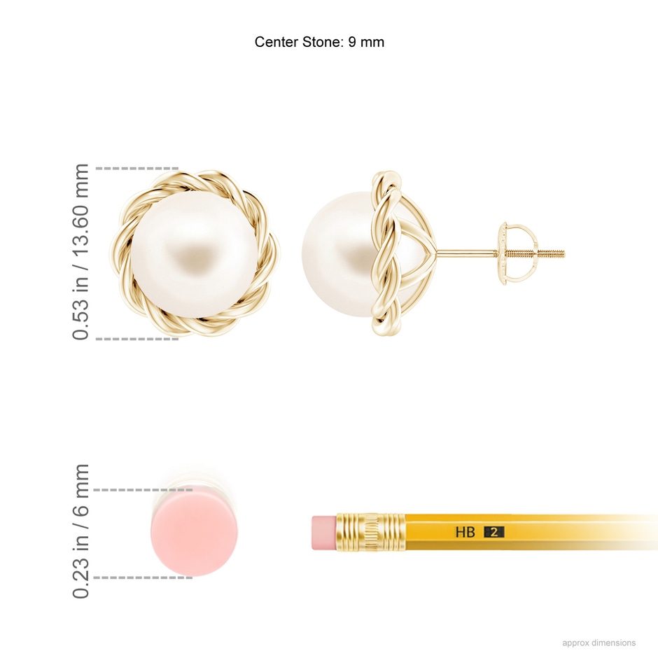 9mm AAA Solitaire Freshwater Pearl Twist Rope Studs in Yellow Gold ruler