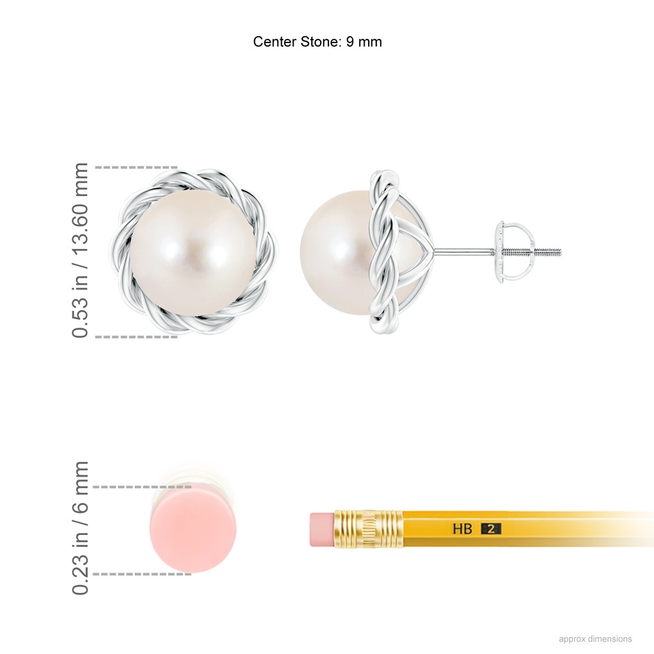 9mm AAAA Solitaire Freshwater Pearl Twist Rope Studs in P950 Platinum ruler