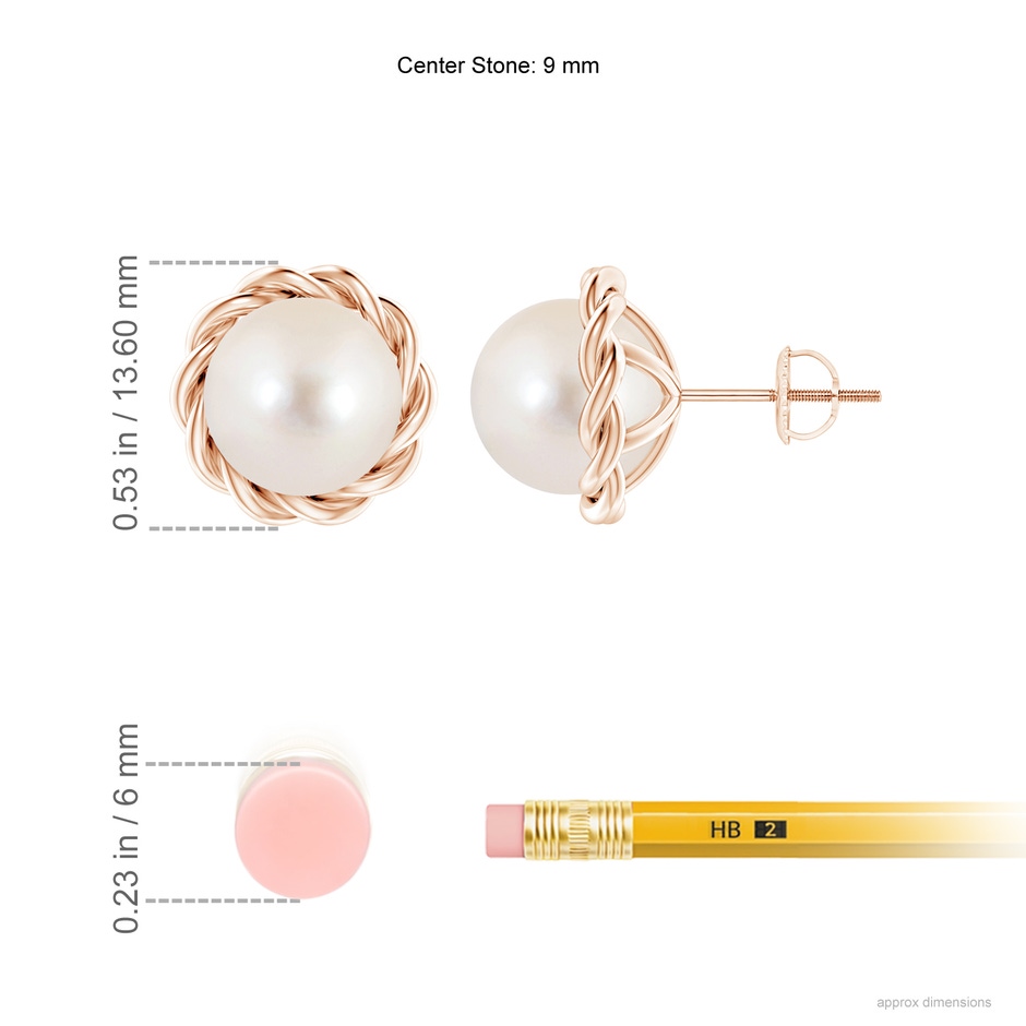 9mm AAAA Solitaire Freshwater Pearl Twist Rope Studs in Rose Gold ruler