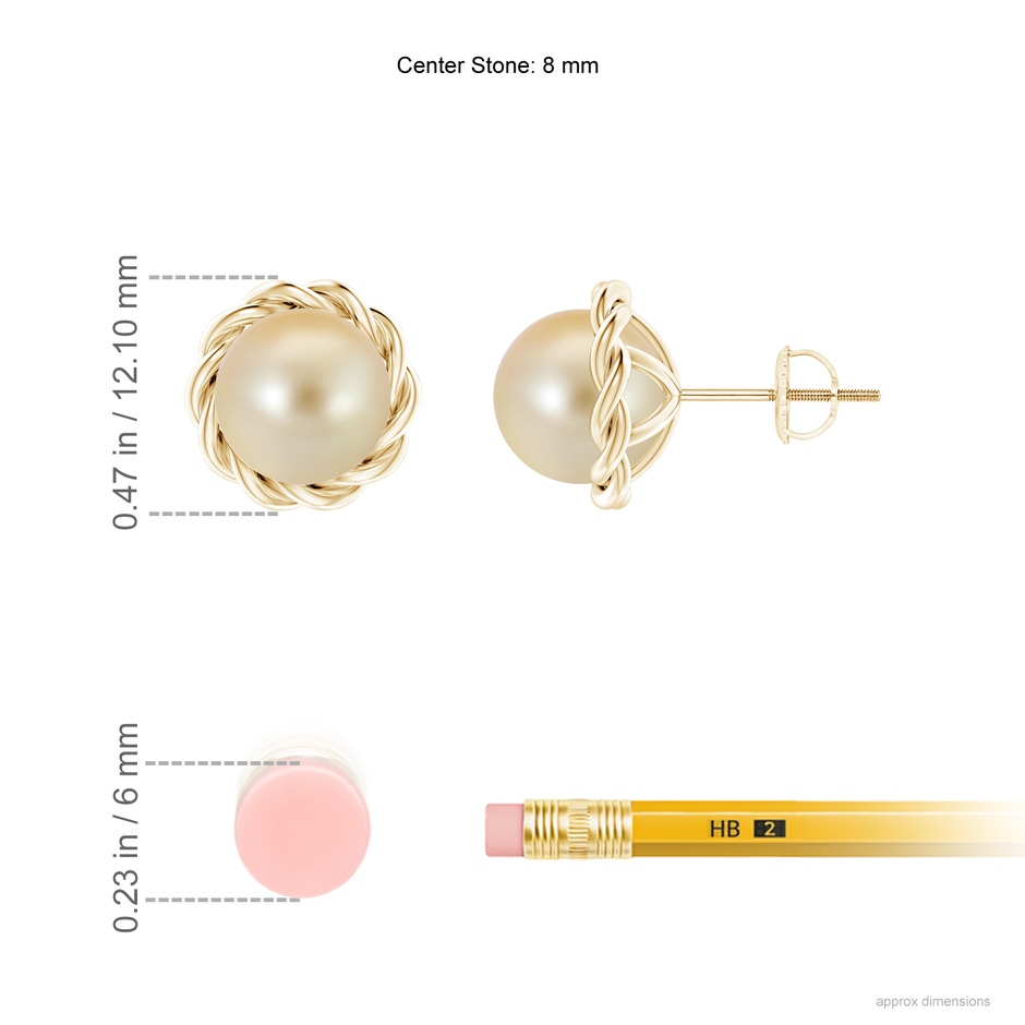 8mm AAA Solitaire Golden South Sea Pearl Twist Rope Studs in Yellow Gold ruler