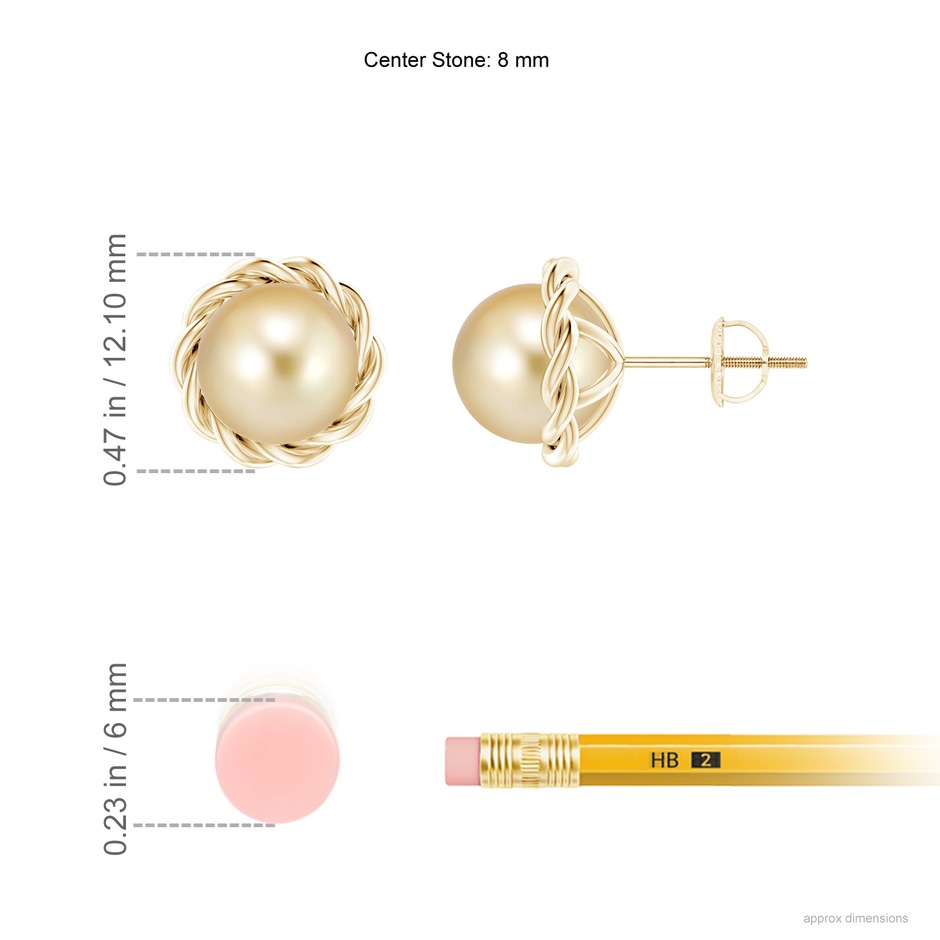 8mm AAAA Solitaire Golden South Sea Pearl Twist Rope Studs in Yellow Gold ruler