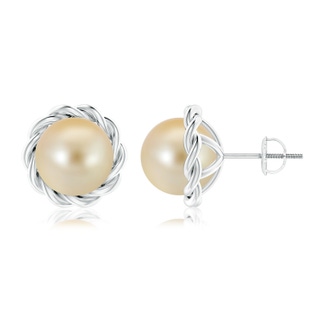 9mm AAA Solitaire Golden South Sea Pearl Twist Rope Studs in White Gold