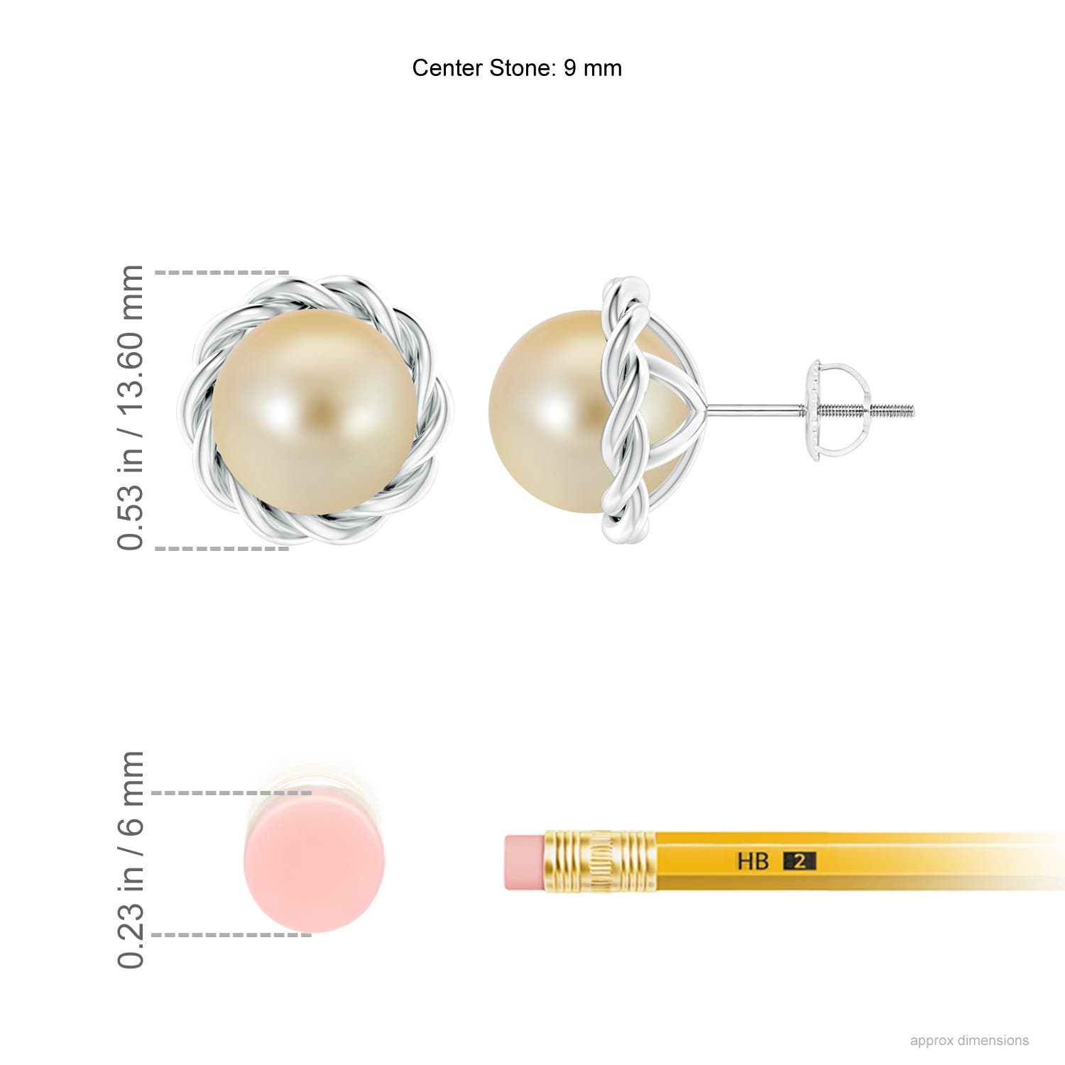 9mm AAA Solitaire Golden South Sea Pearl Twist Rope Studs in White Gold - ruler