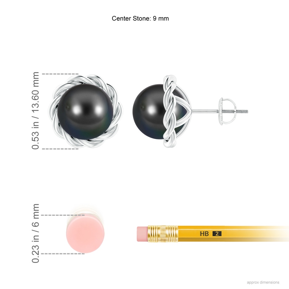 9mm AA Solitaire Tahitian Pearl Twist Rope Studs in White Gold ruler