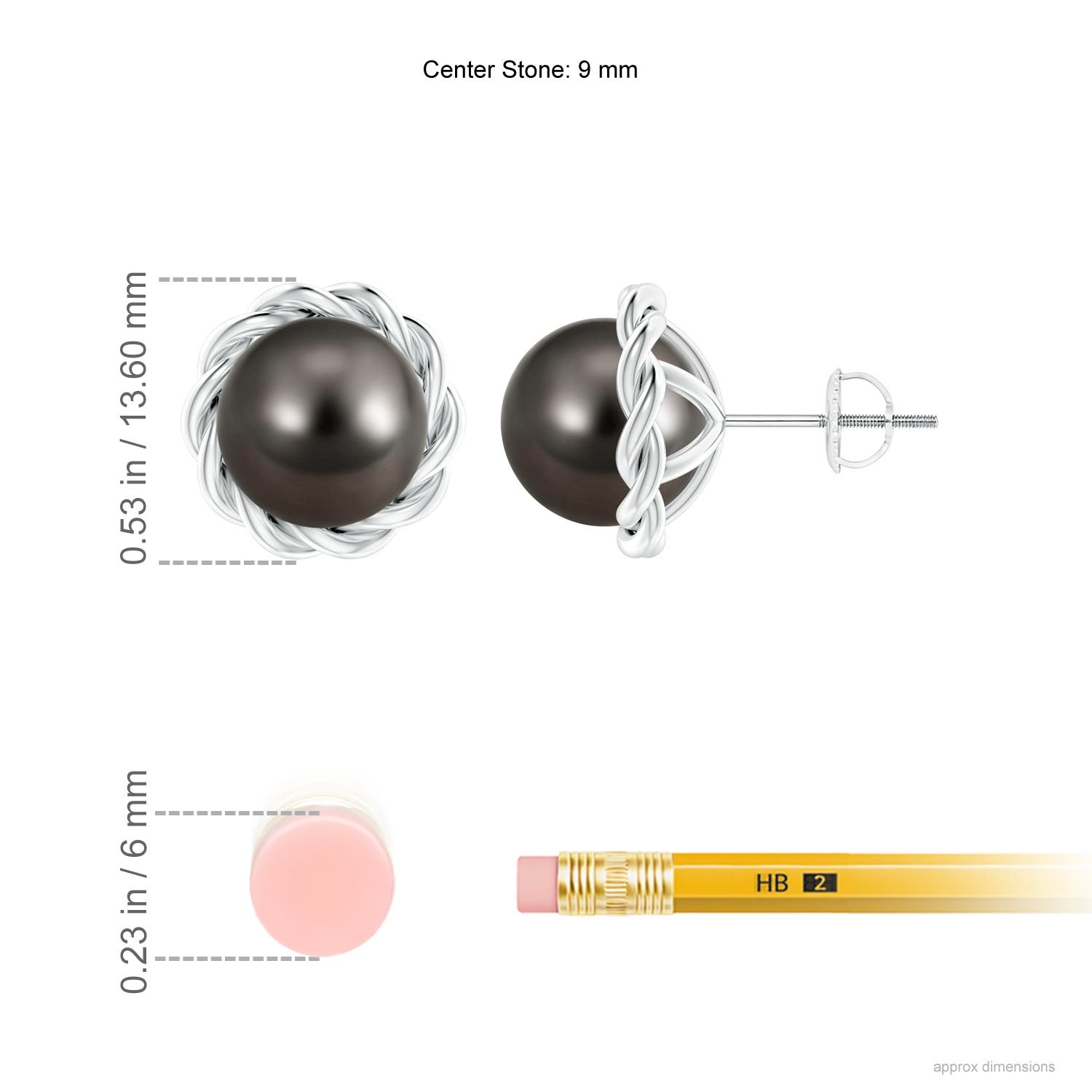 9mm AAA Solitaire Tahitian Pearl Twist Rope Studs in White Gold - ruler