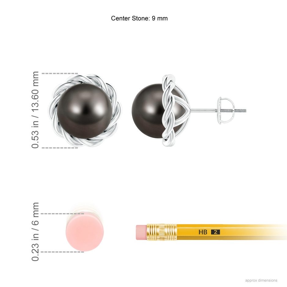 9mm AAA Solitaire Tahitian Pearl Twist Rope Studs in White Gold ruler