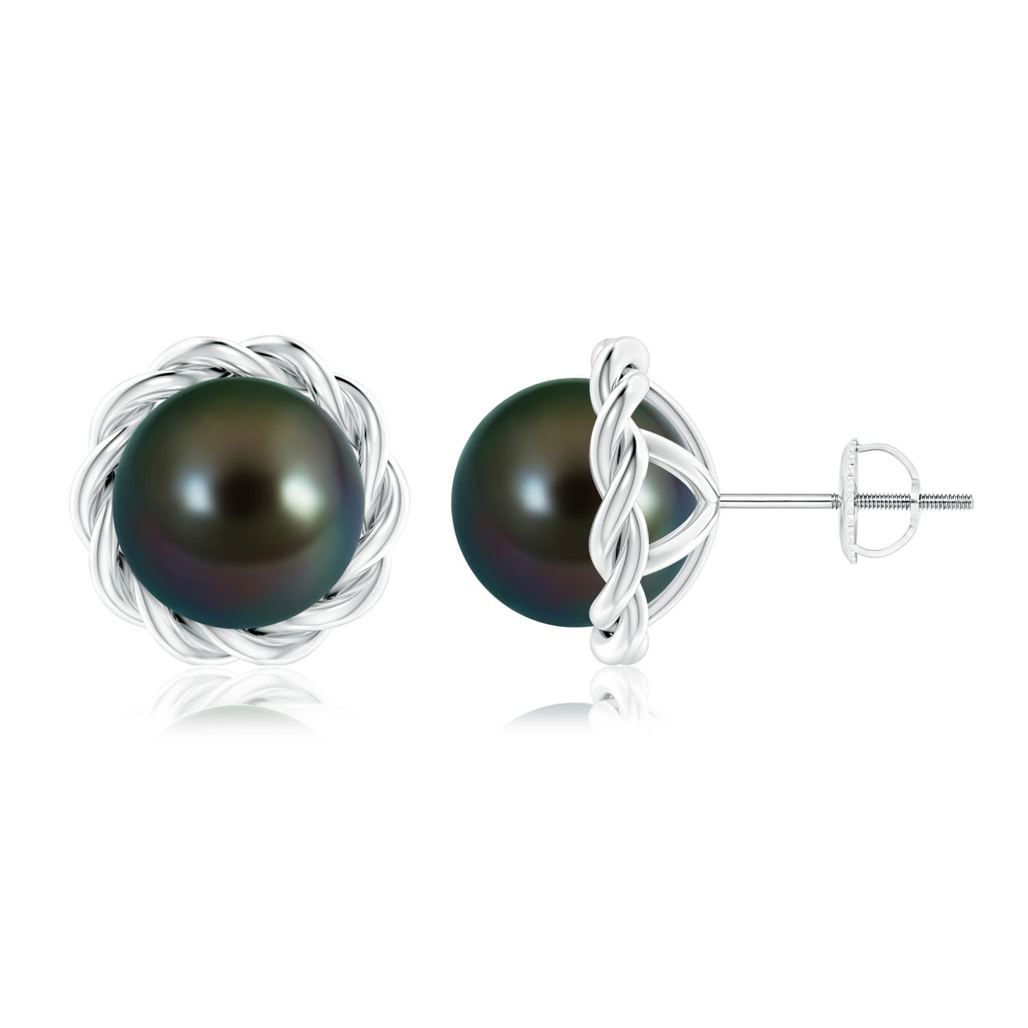 9mm AAAA Solitaire Tahitian Pearl Twist Rope Studs in White Gold