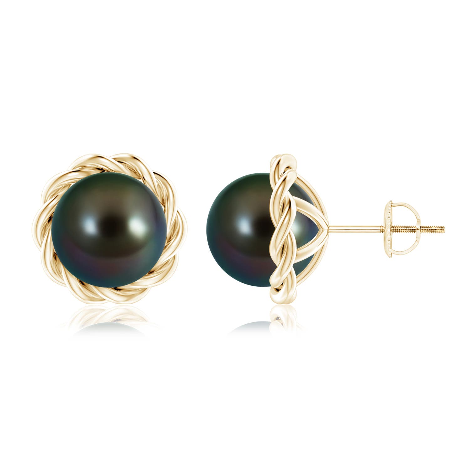 9mm AAAA Solitaire Tahitian Pearl Twist Rope Studs in Yellow Gold