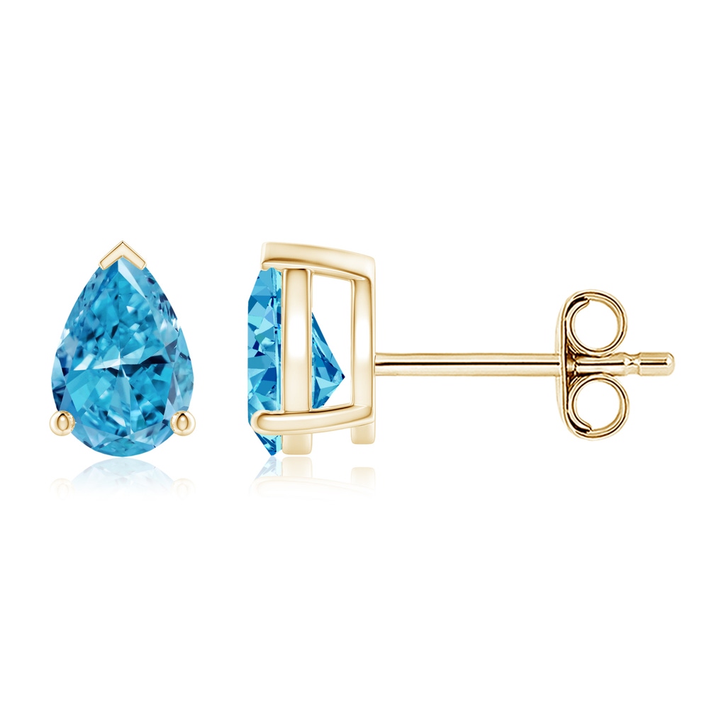 6x4mm AAAA Pear-Shaped Fancy Intense Blue Diamond Solitaire Stud Earrings in Yellow Gold